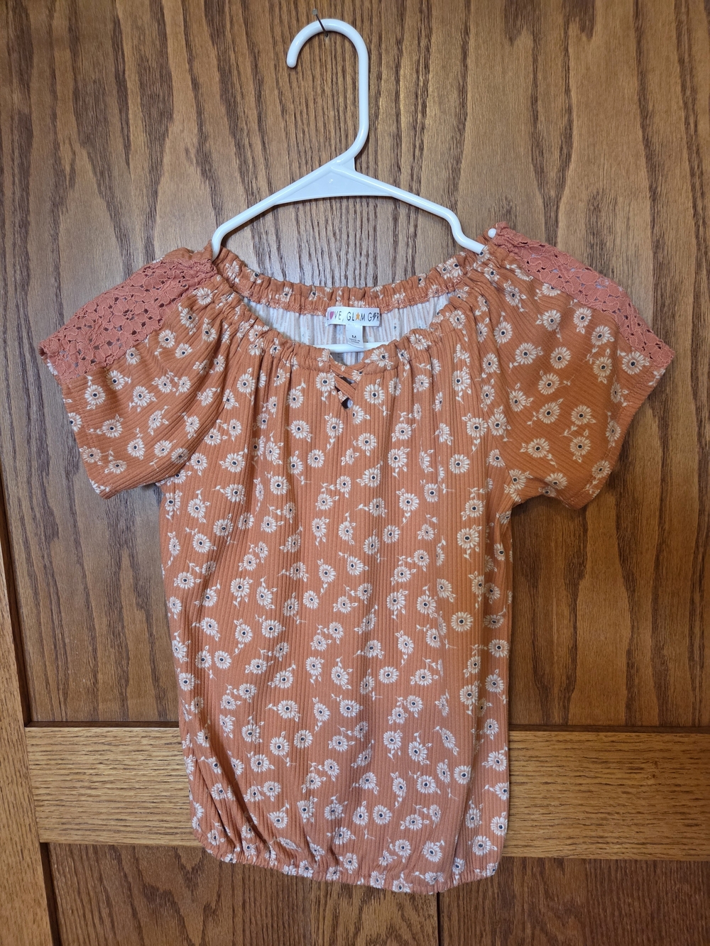 Girls Rust Floral Peasant Top with Crochet Sleeves